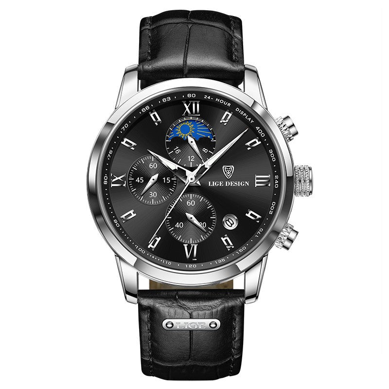 Lige Men's Quartz Watch Multifunction Chronograph Moon Phase Quartz Movement Waterproof Watch - shop_name