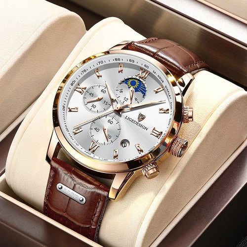 Lige Men's Quartz Watch Multifunction Chronograph Moon Phase Quartz Movement Waterproof Watch - shop_name